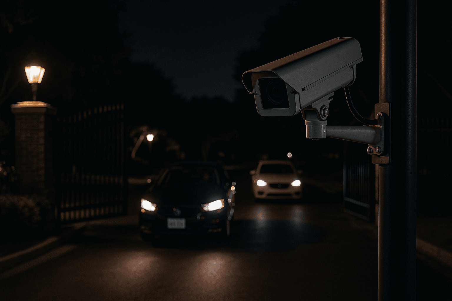 LPR camera monitoring vehicles entering an HOA gate at night.