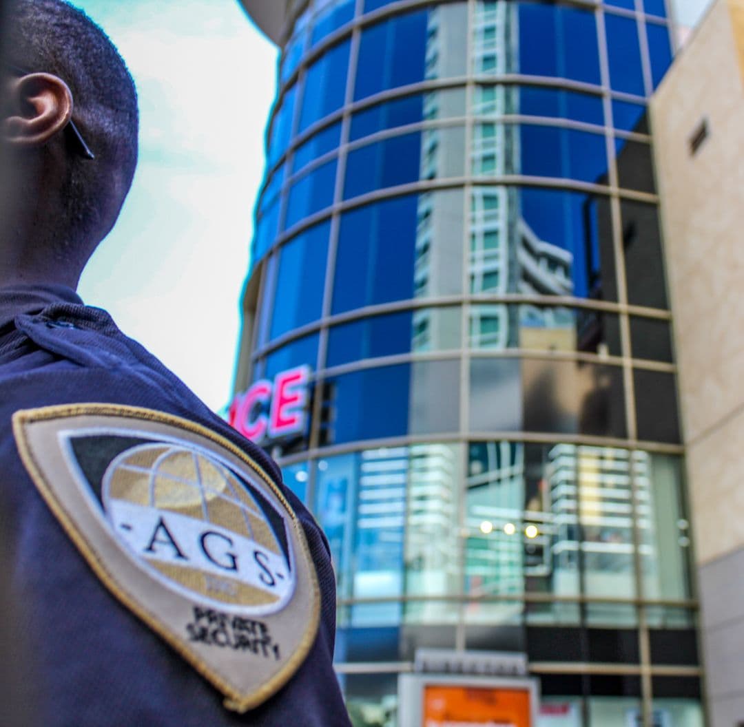 AGS Protect officer providing visible deterrence outside a Hollywood retail center.