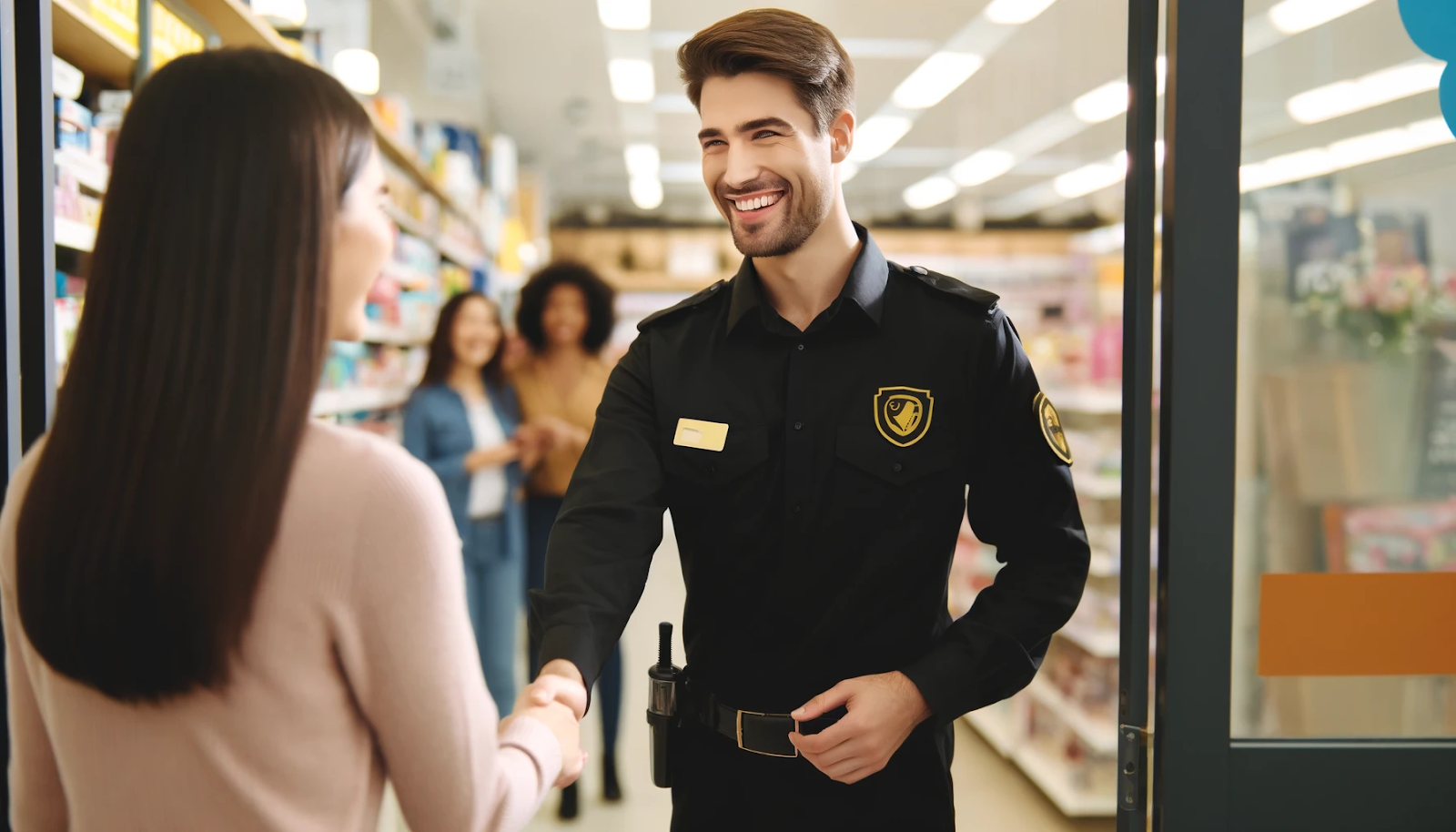 Cheerful security guard in a retail store, enhancing safety and customer service, featuring black and gold colors