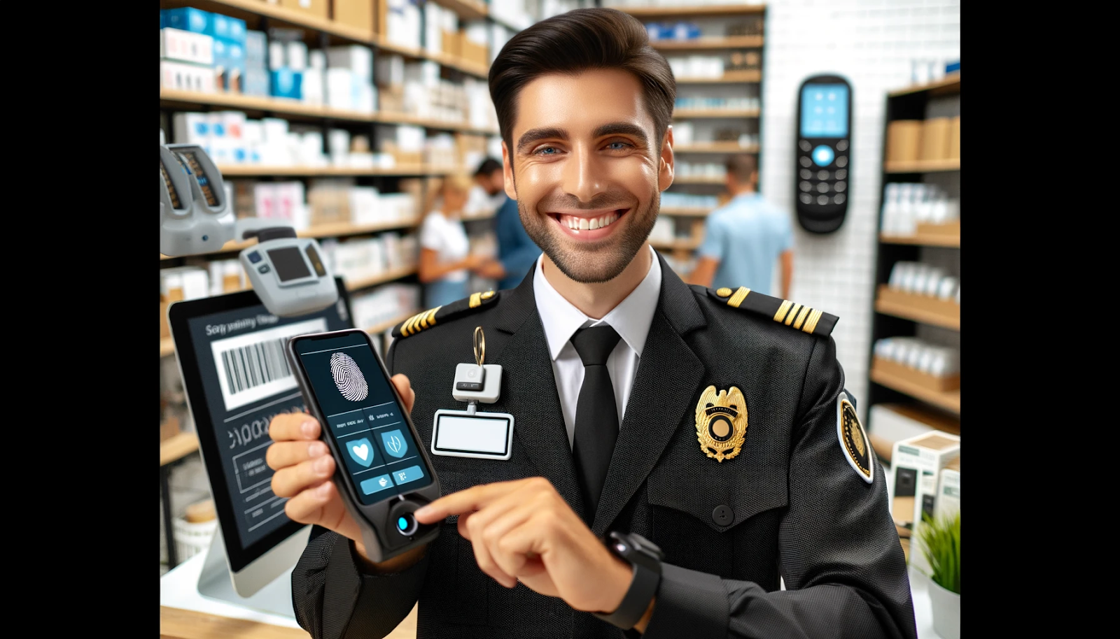Cheerful security guard using advanced RFID and biometric systems in a retail store, ensuring security and efficiency.