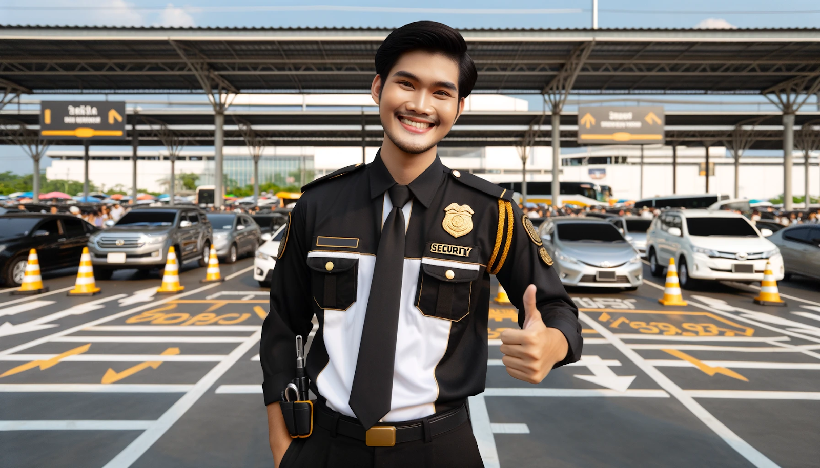 A cheerful security guard in black and gold directs cars in a parking lot, ensuring event safety with organized lanes, smiling guidance, and clear signage.