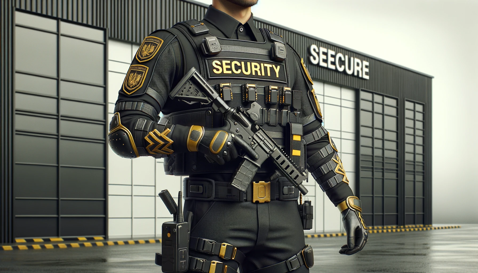 This is a photorealistic image of an armed security guard in a black and gold uniform, wearing body armor, and equipped with a holstered firearm and communication devices standing in front of a secure facility.  