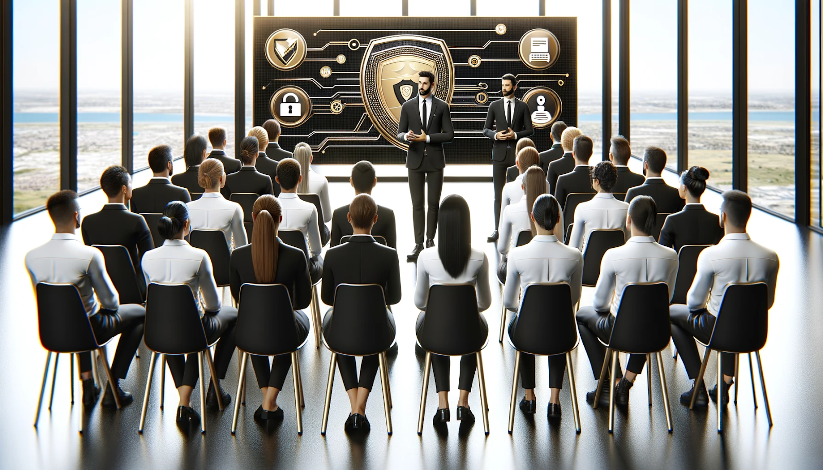 This is a photorealistic image depicting a retail security training session. It features a diverse group of employees attentively listening to a security expert. 