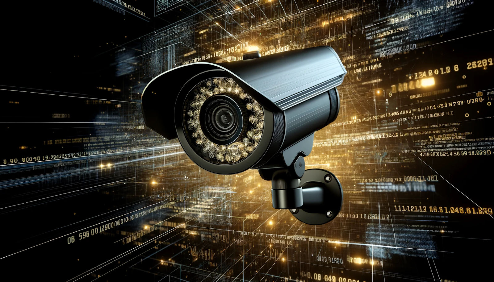A photorealistic image showing a security camera interwoven with digital code patterns, representing the integration of physical security and cybersecurity.