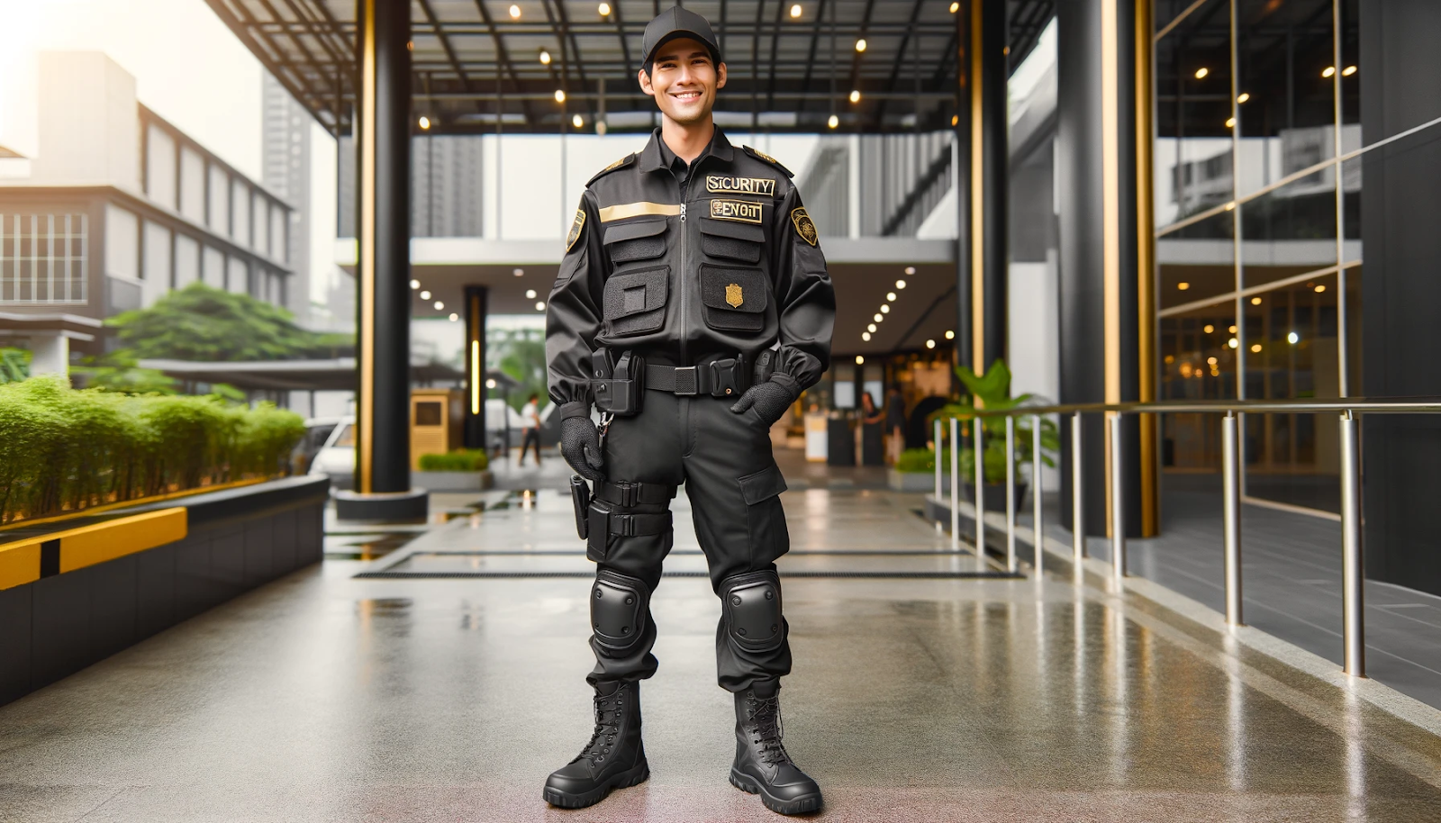 A cheerful security guard in black and gold attire is patrolling an area, showcasing ideal protective and comfortable gear for the job.