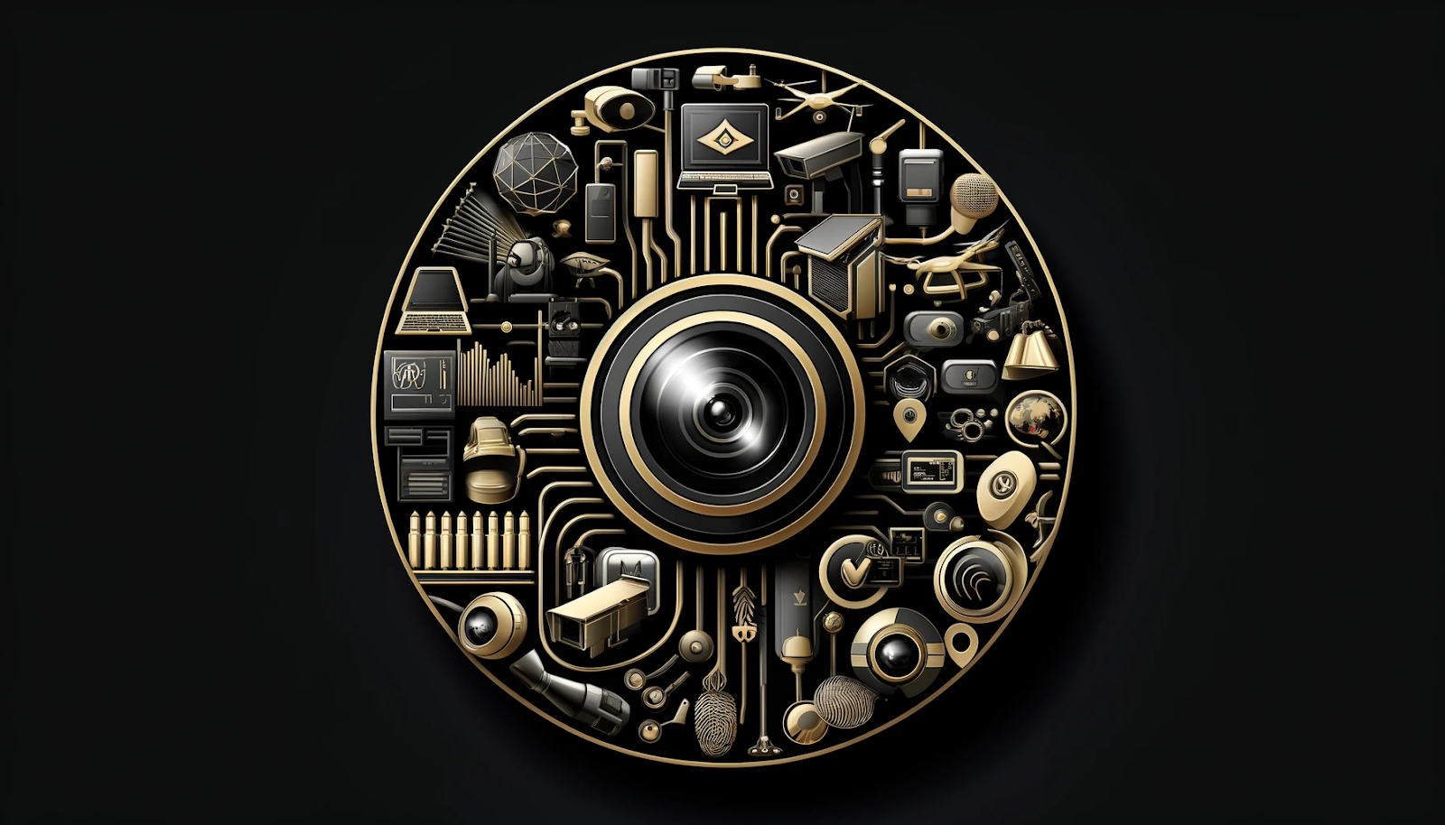 Symbolic representation of modern event security technology featuring surveillance cameras, drones, and biometric systems in black and gold.