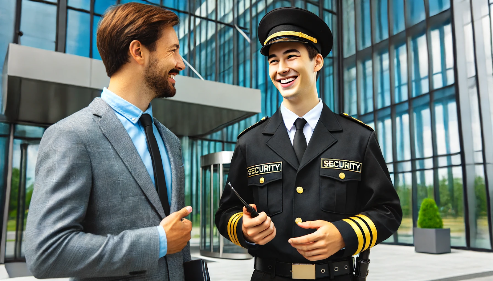 Cheerful security guard in black and gold uniform engaging with a property manager outside a modern office building