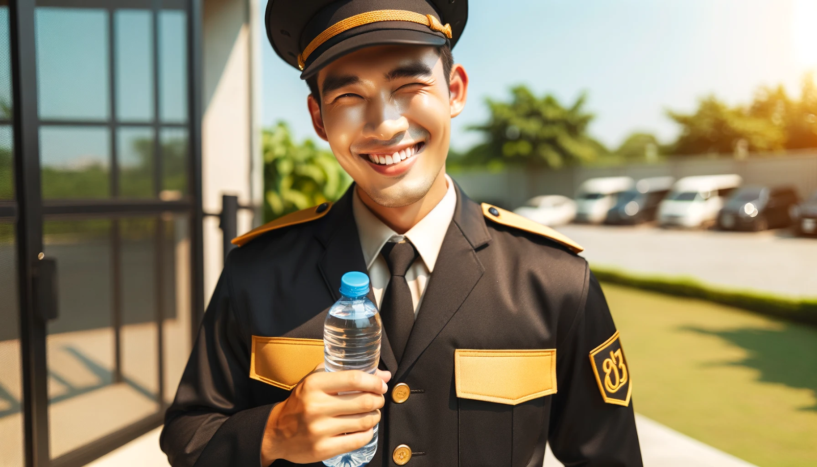 A cheerful security guard in black and gold uniform stands in the shade, holding a water bottle, illustrating heat stress prevention measures.