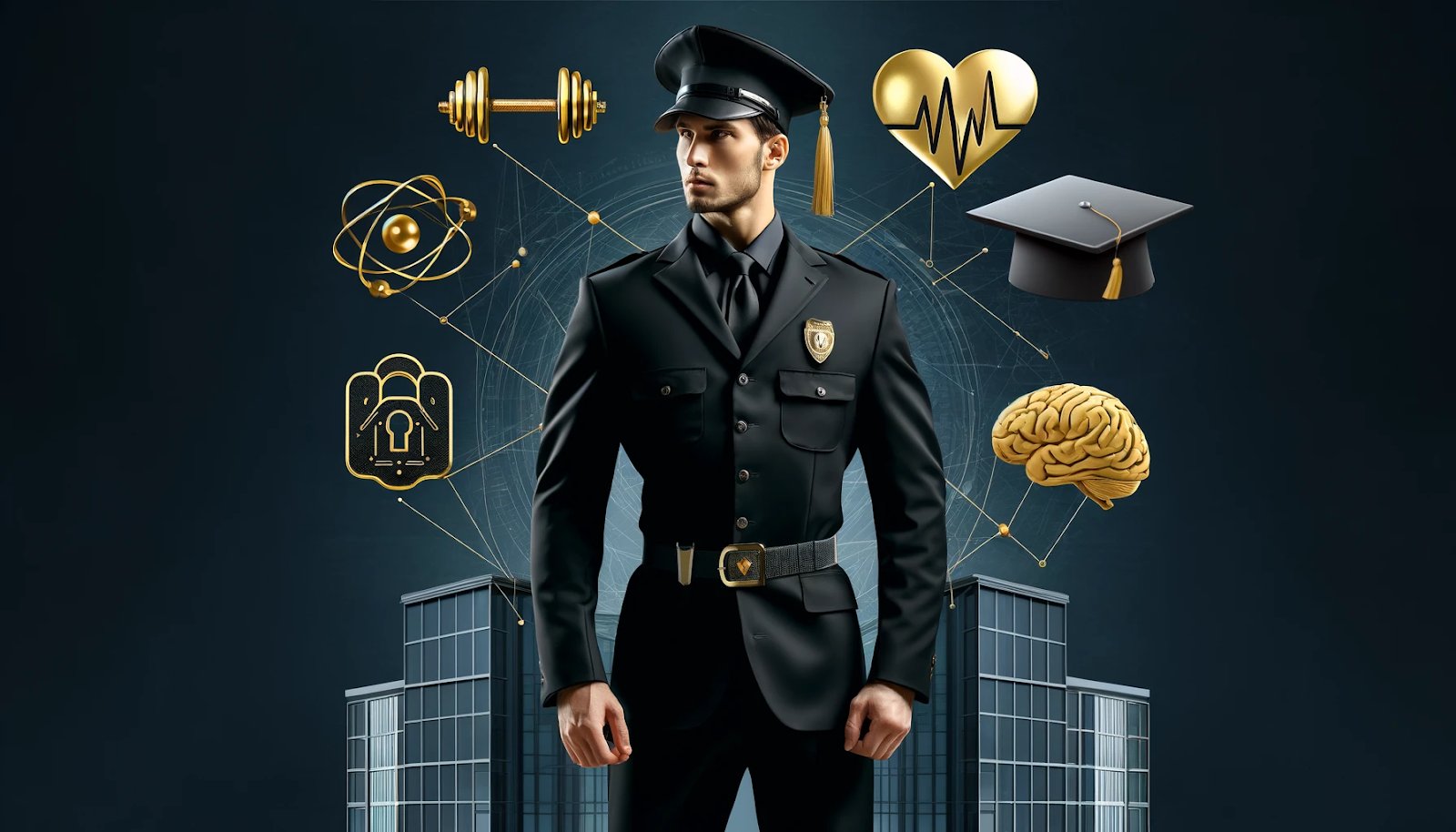 A photorealistic image showcasing a symbolic representation of well-being programs for security guards.  