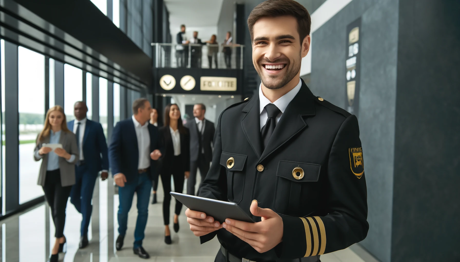 A cheerful security guard wearing black and gold uniform, patrolling an office building, representing future security trends.
