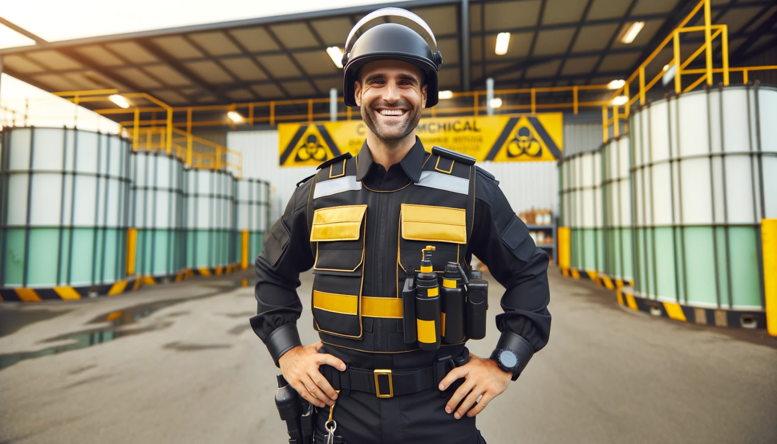 A cheerful security guard in a black and gold uniform, equipped with safety gear, is ready to respond to a chemical threat.