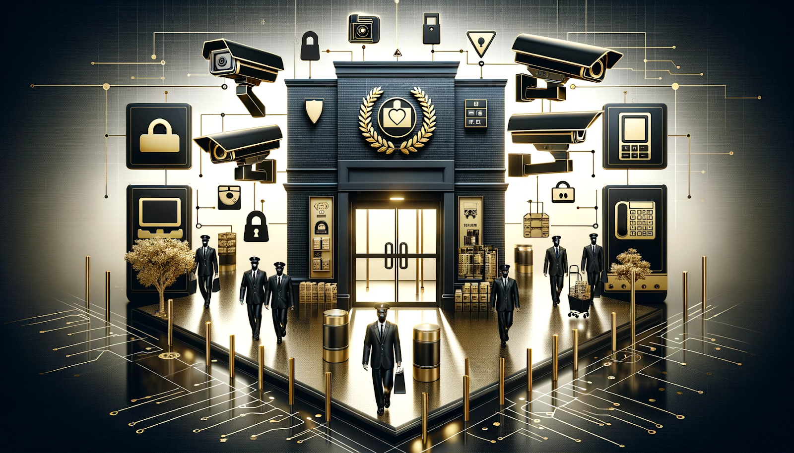 A symbolic representation of retail security strategies featuring black and gold colors. Includes elements such as surveillance cameras, access control systems, and security personnel to emphasize the importance of protecting retail spaces, employees, and customers