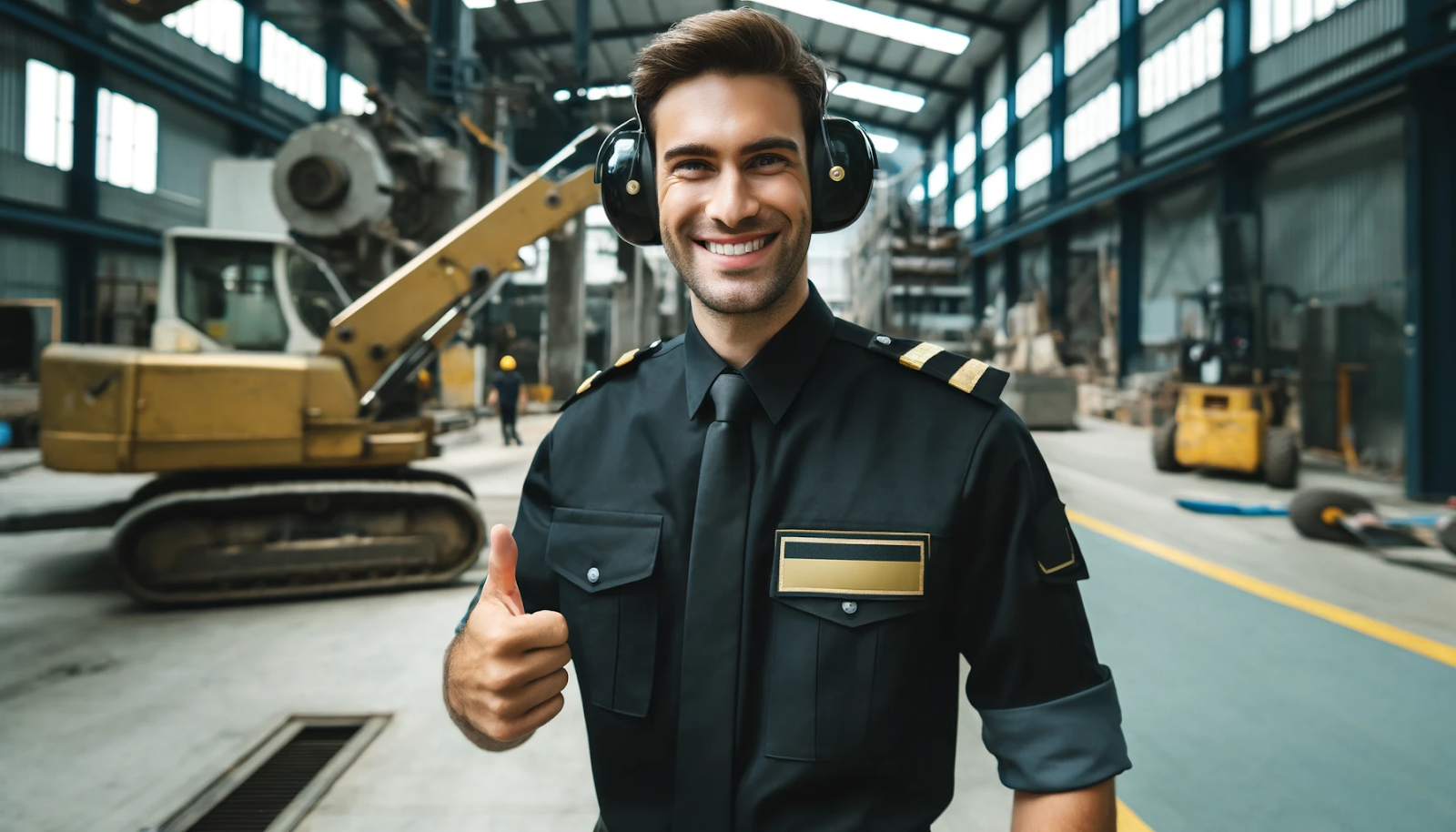 Cheerful security guard wearing hearing protection in a high-noise environment, ensuring safety and health.