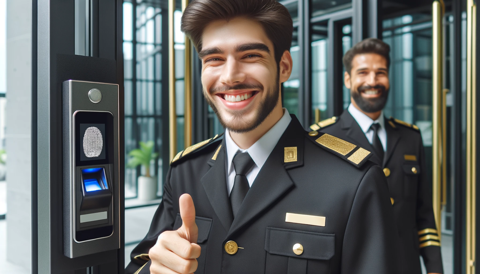 Cheerful security guard using a biometric access control system with black and gold accents, ensuring secure access.