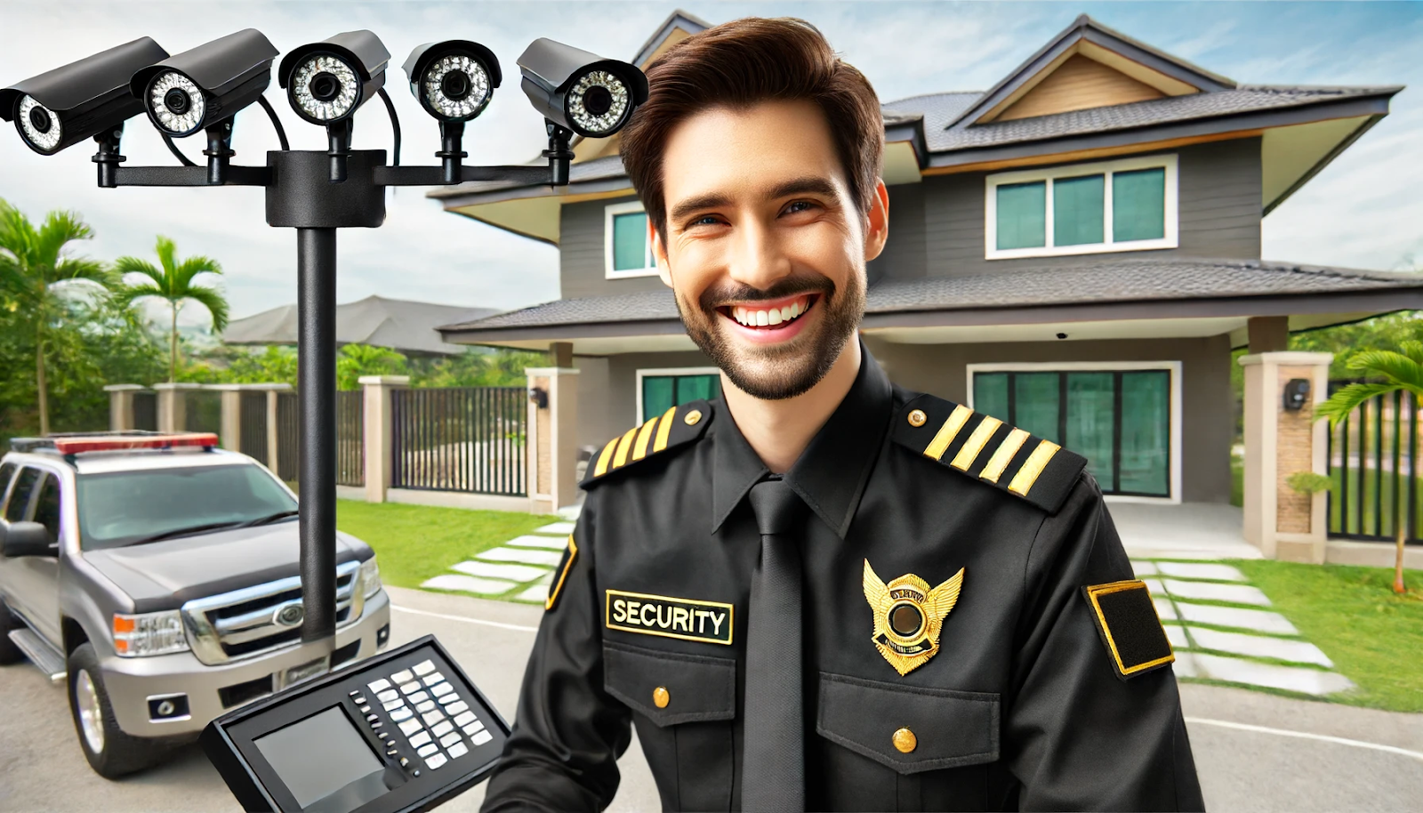 Cheerful security guard in black and gold, monitoring property to illustrate benefits of Security as a Service.