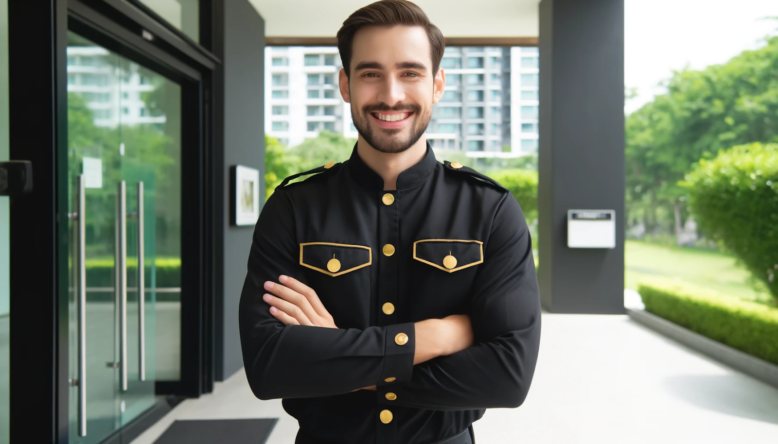 Cheerful security guard in black and gold uniform, representing the importance of occupational health checks for security personnel.