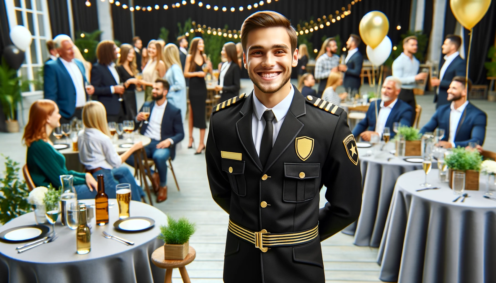A cheerful security guard in a black and gold uniform oversees a lively event, ensuring safety and responsible alcohol consumption with a friendly demeanor.