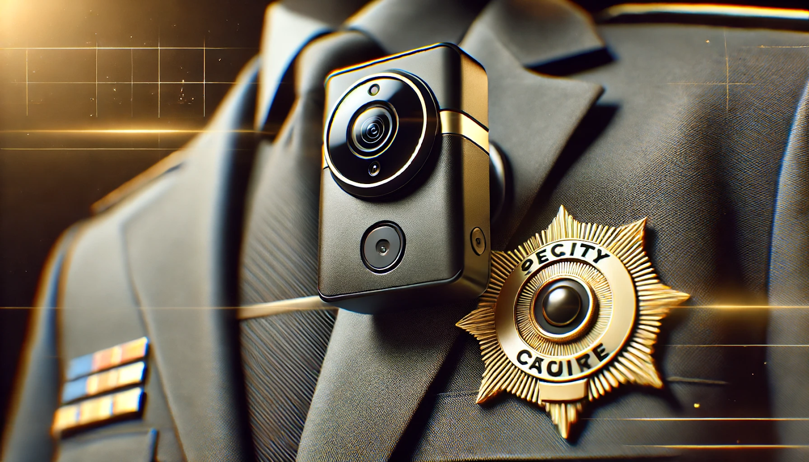  A symbolic representation of body-worn cameras for security personnel, featuring a black and gold color scheme.  