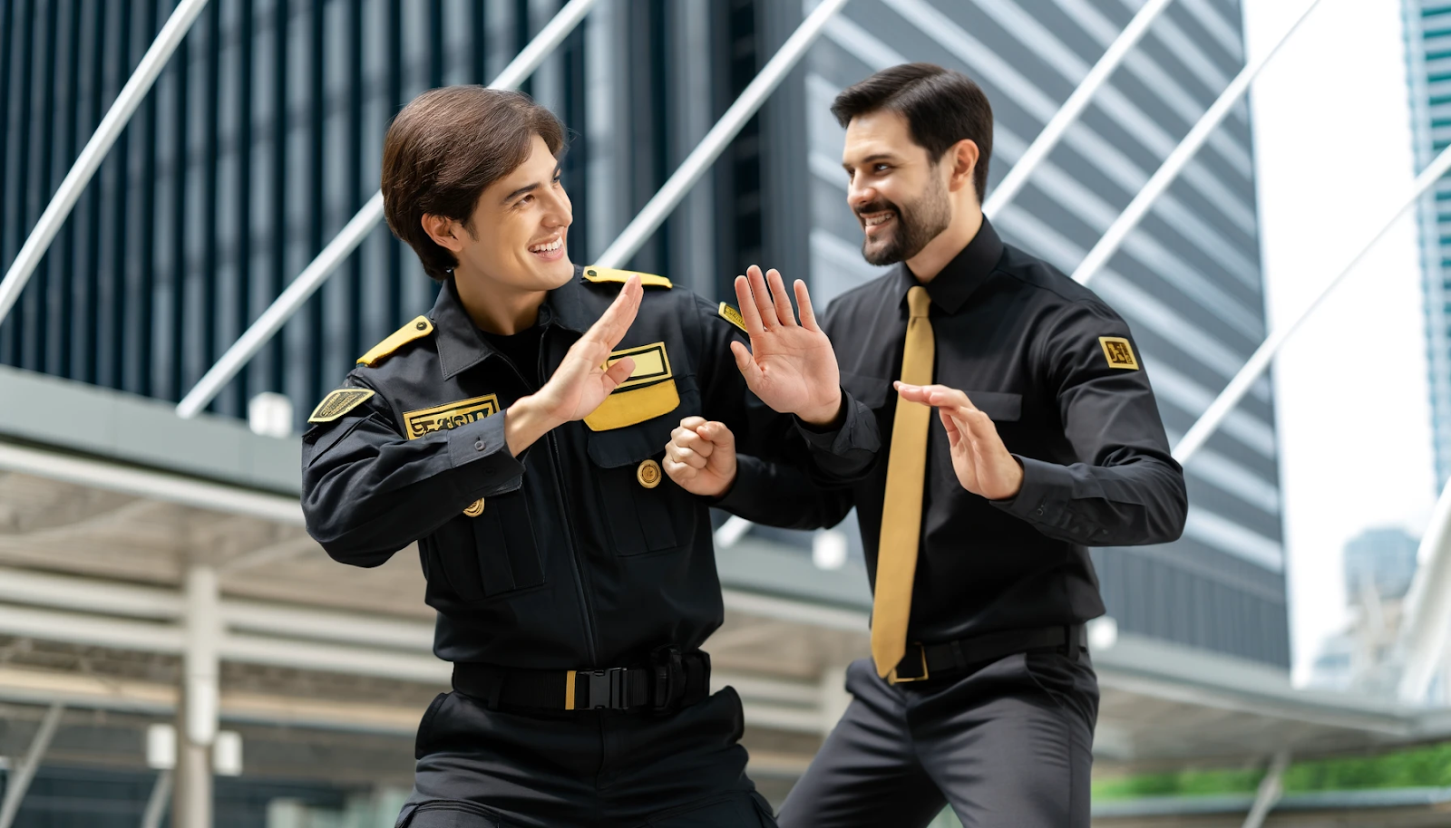 A cheerful security guard demonstrated self-defense techniques in a black and gold uniform, highlighting the importance of training.