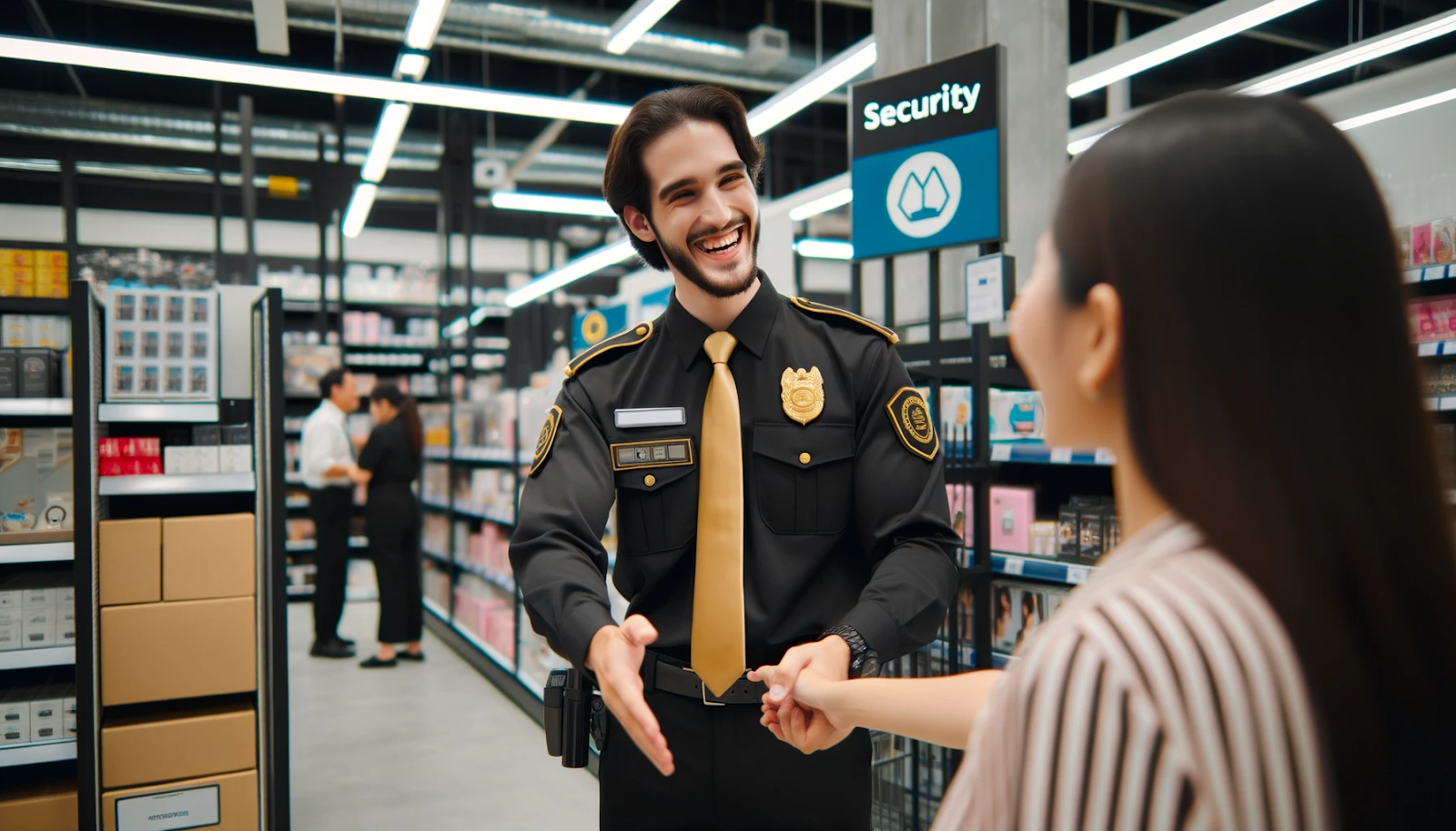 Cheerful security guard in black and gold uniform assisting customers in a retail store, enhancing loss prevention.