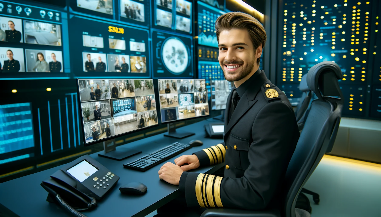 Cheerful security guard monitoring multiple surveillance screens, showcasing data-driven security operations in a modern control room