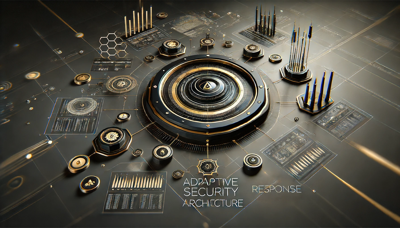 A symbolic representation of adaptive security architecture featuring a sleek black and gold design.  