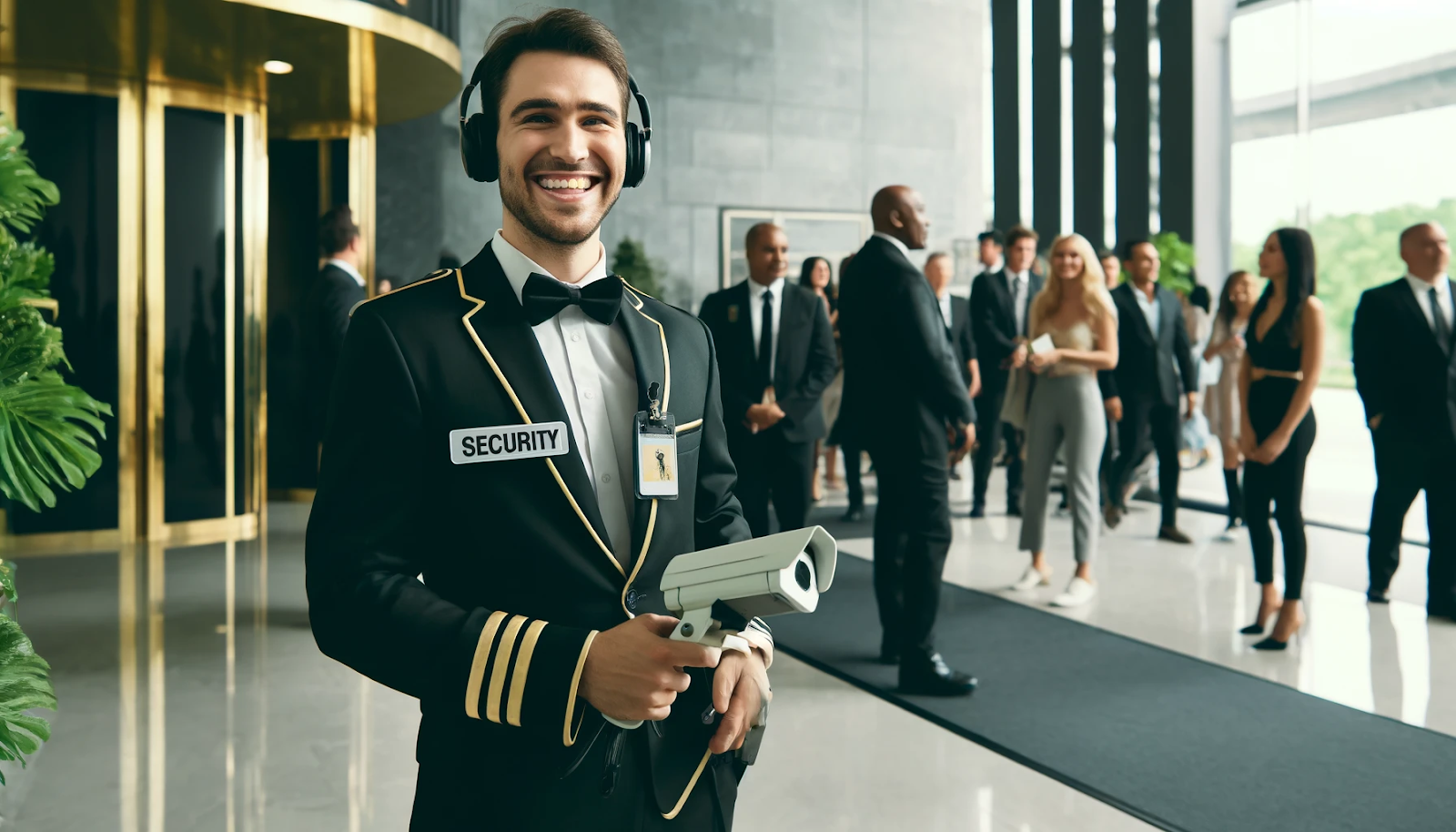 A cheerful security guard dressed in black and gold stands near an event entrance, smiling while scanning the crowd with surveillance equipment, embodying proactive and approachable event security.