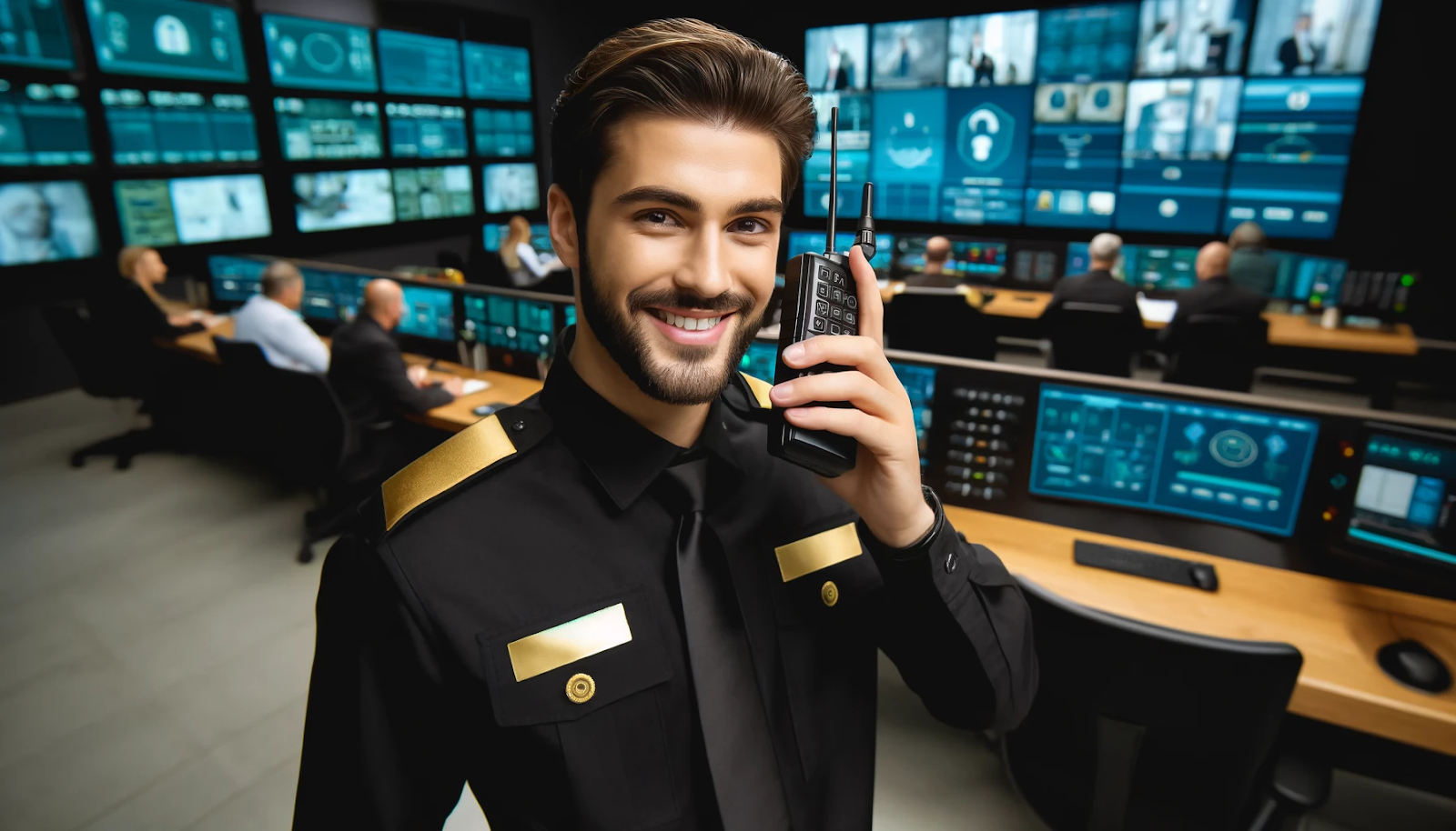 Cheerful security guard using modern communication tools in a busy control room, enhancing team coordination.