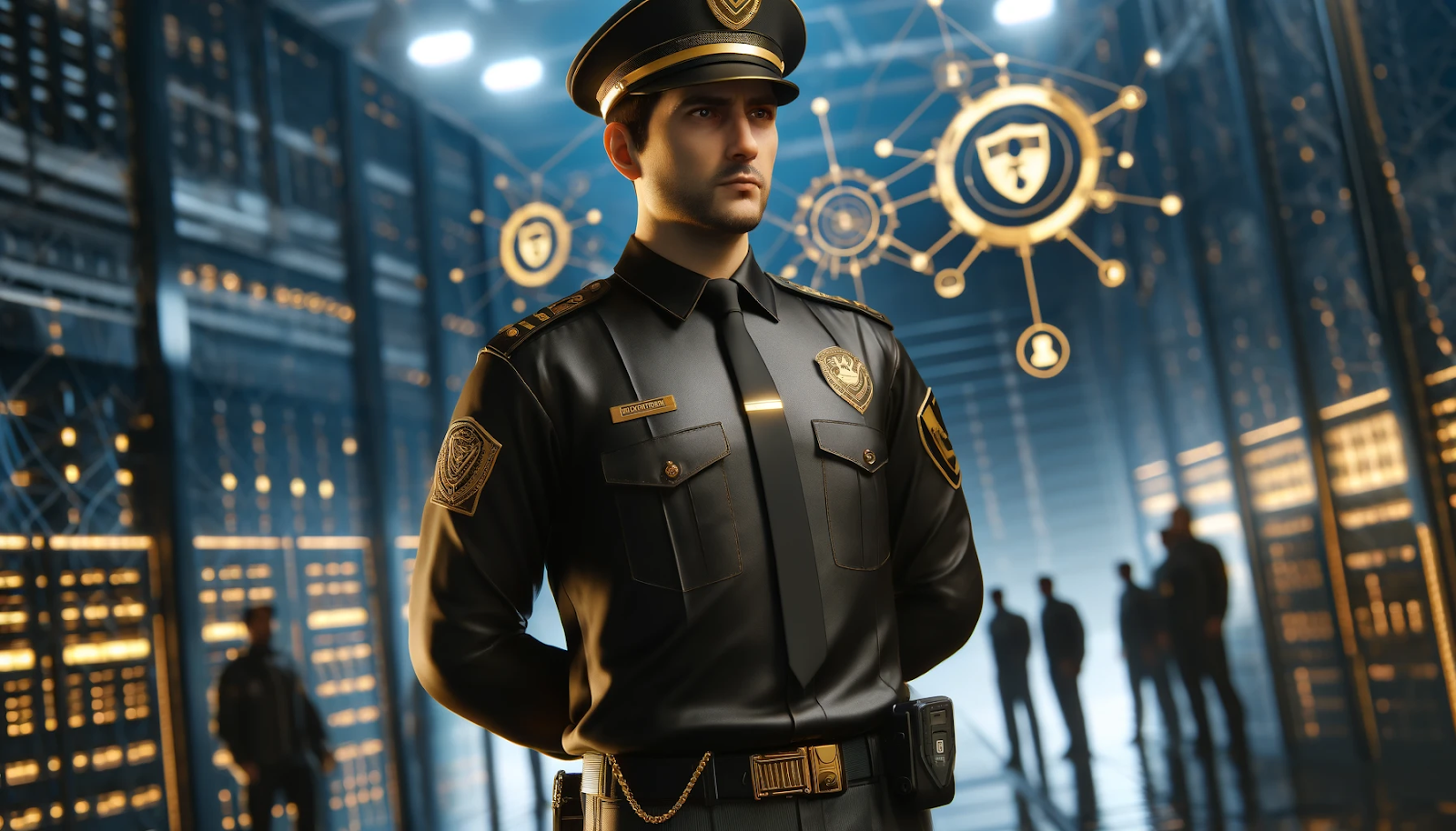 This is a photorealistic image symbolizing fatigue management in security personnel. It features a security guard in a black and gold uniform looking alert amidst a backdrop of a secure facility.  