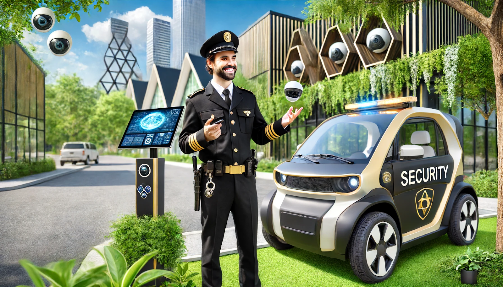 Cheerful security guard in black and gold uniform using eco-friendly technology in a green environment