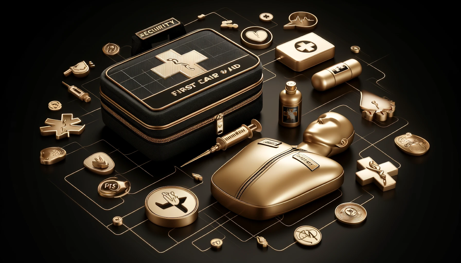 A symbolic representation of first aid training for security guards featuring a gold and black color scheme.  