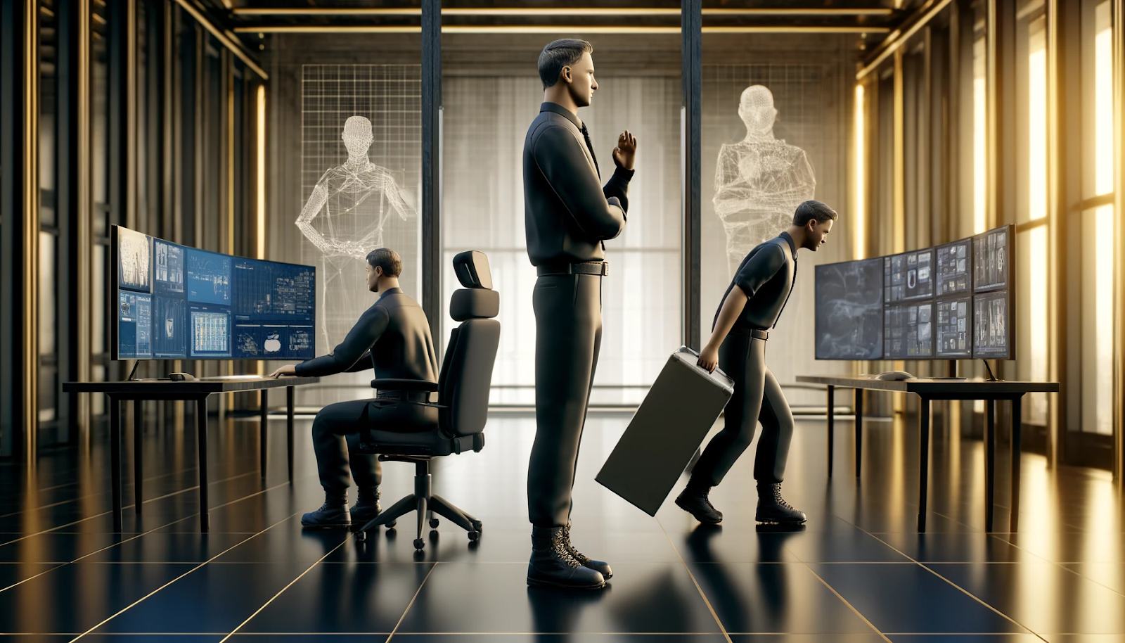 A photorealistic representation of ergonomic best practices for security personnel.  