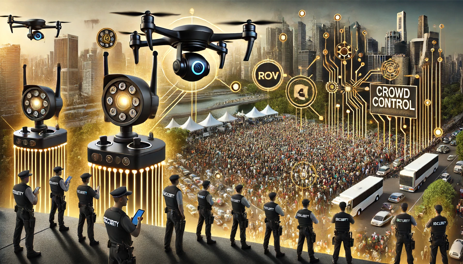 A photorealistic image depicting modern crowd control technology, featuring black and gold colors.  