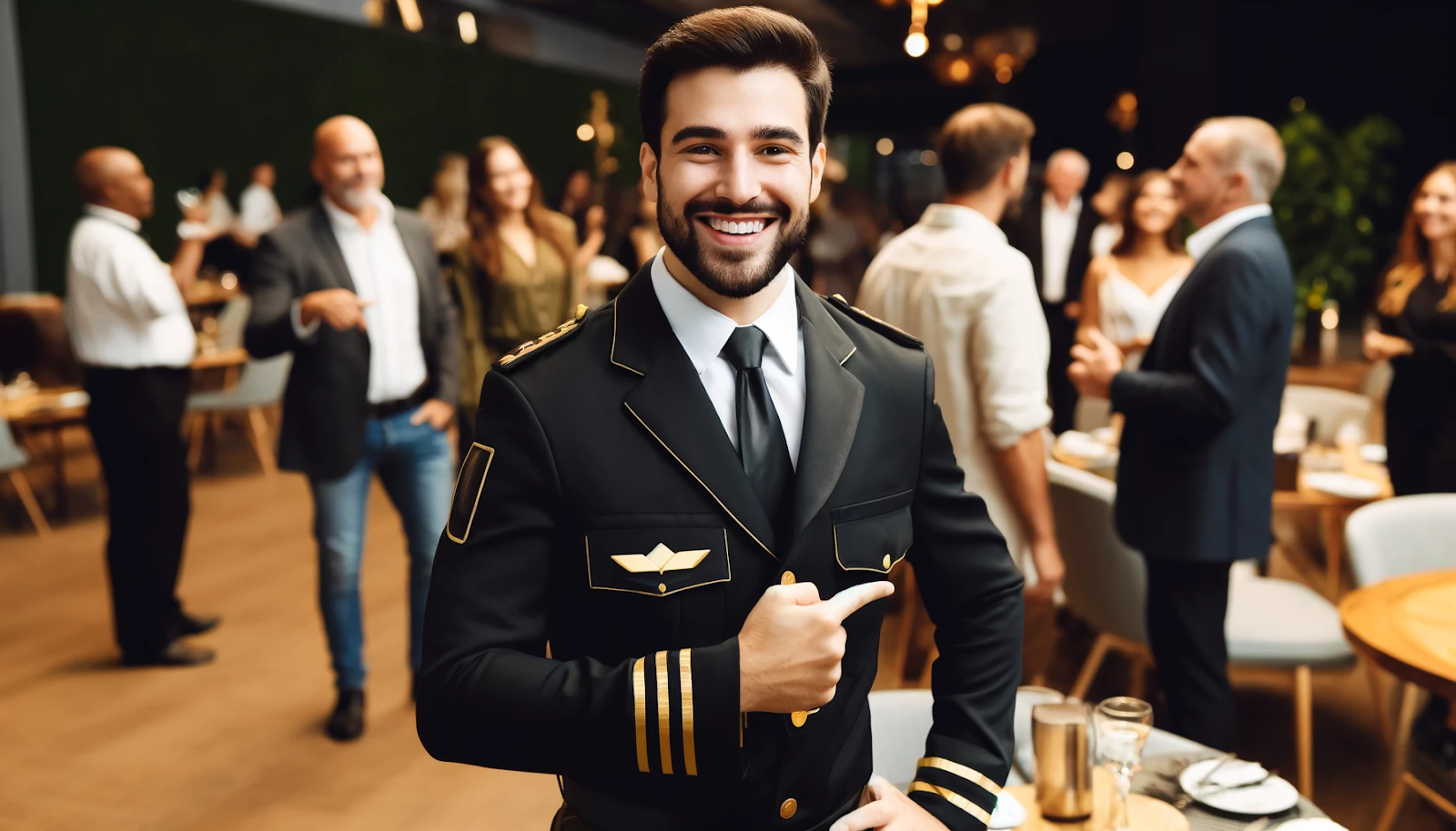 A cheerful security guard is standing confidently at an event, engaging with guests in a friendly manner while wearing a black and gold uniform.