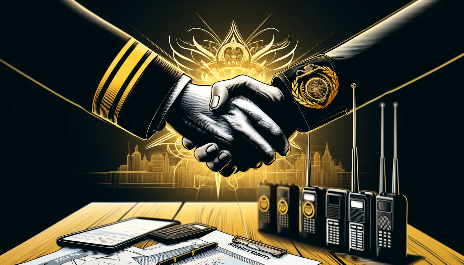 A symbolic image representing liaising with local law enforcement for event planning. Features a handshake between a law enforcement officer and a security manager over a table with event security documents, radios, and a map