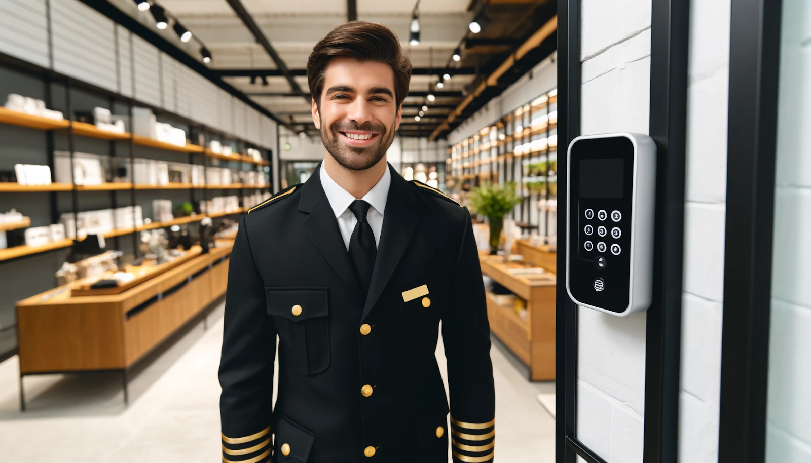 Cheerful security guard in black and gold uniform at retail store employee-only entrance with keypad entry system.