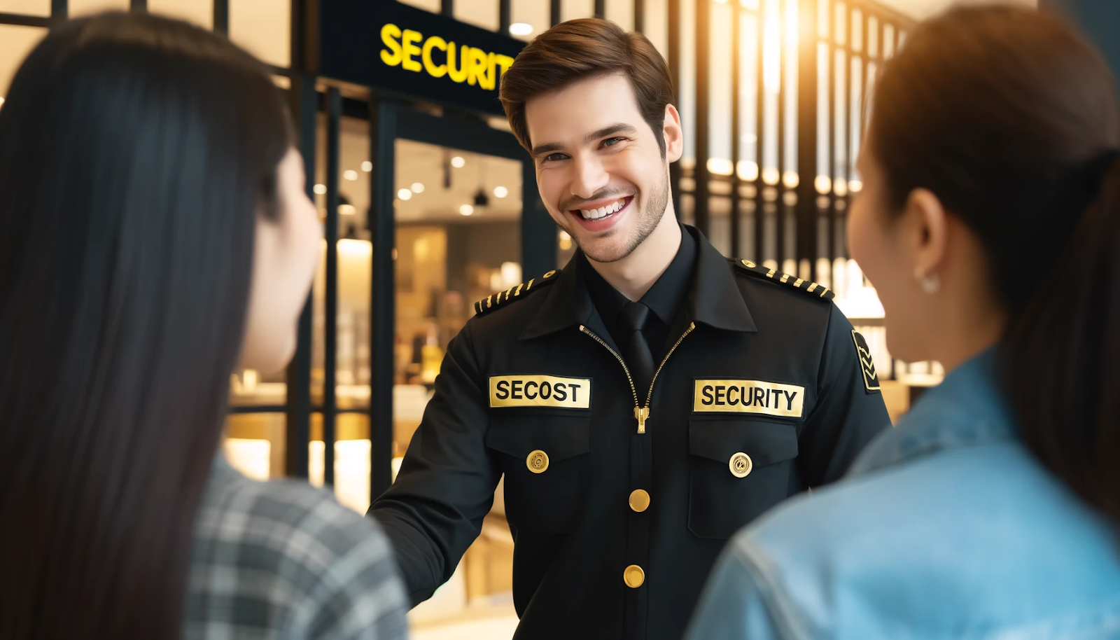Cheerful security guard assisting customers at a retail store entrance, emphasizing customer safety in retail environments.