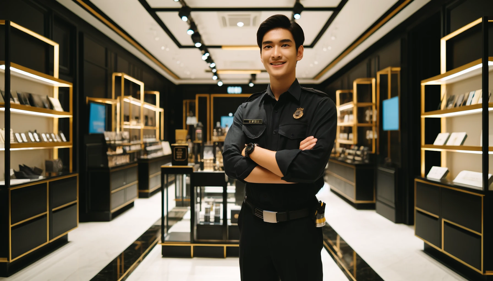 A cheerful security guard stands watchfully inside a well-lit retail store with black and gold accents visible.