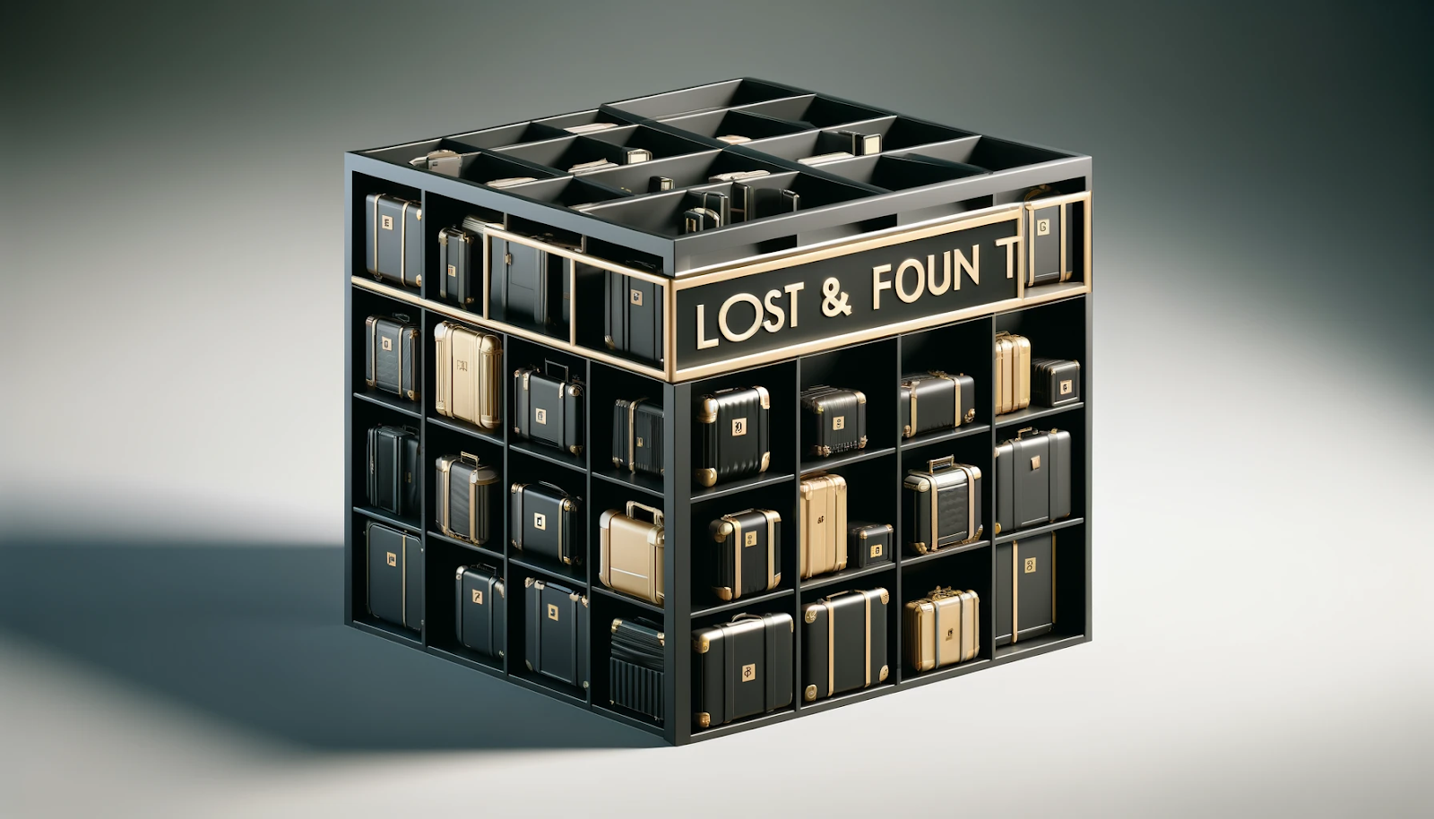 A photorealistic image showing a well-organized lost and found system featuring neatly arranged shelves in black and gold, symbolizing efficiency and order.