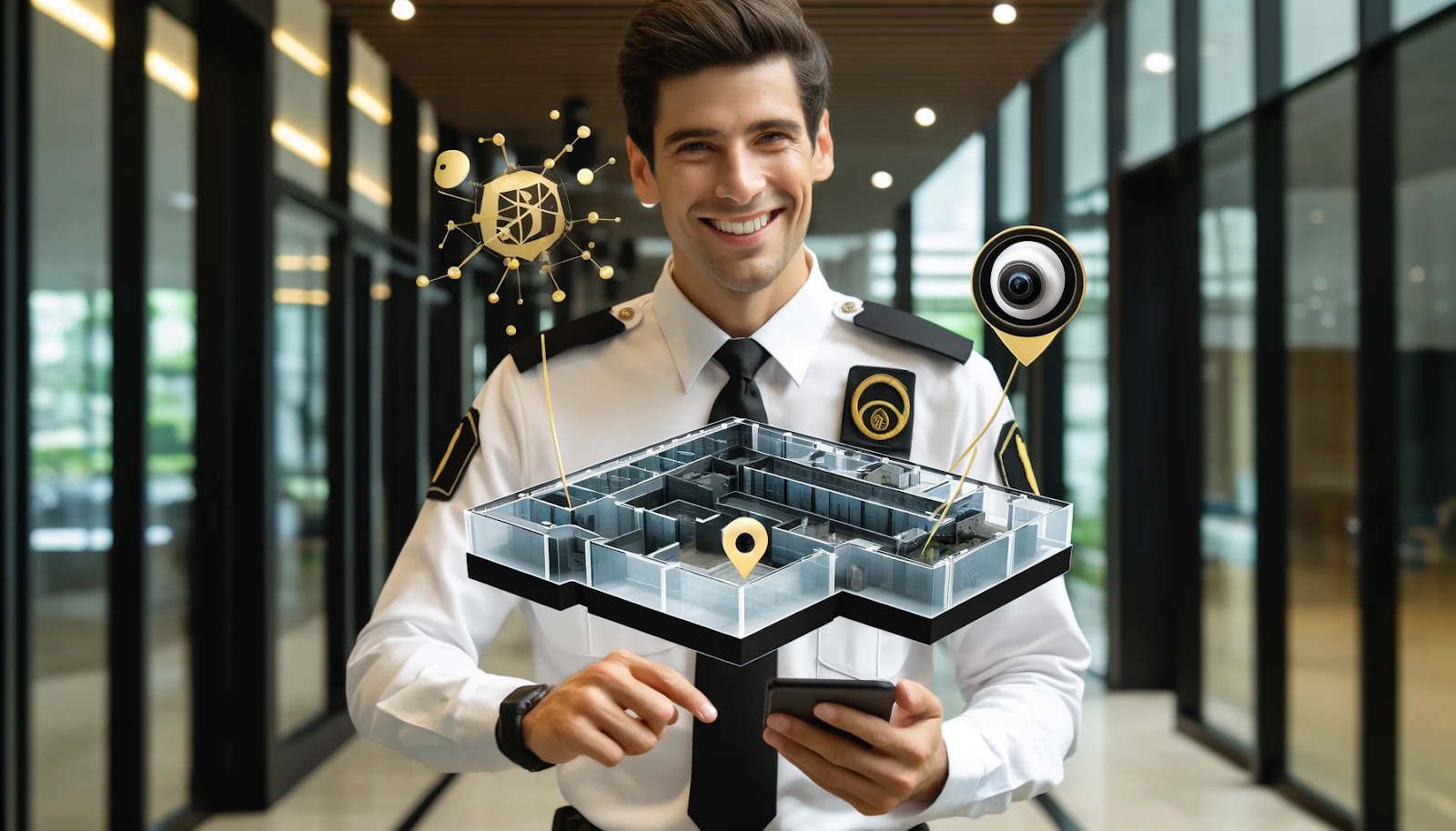 Cheerful security guard using augmented reality for security mapping in a building, with black and gold colors