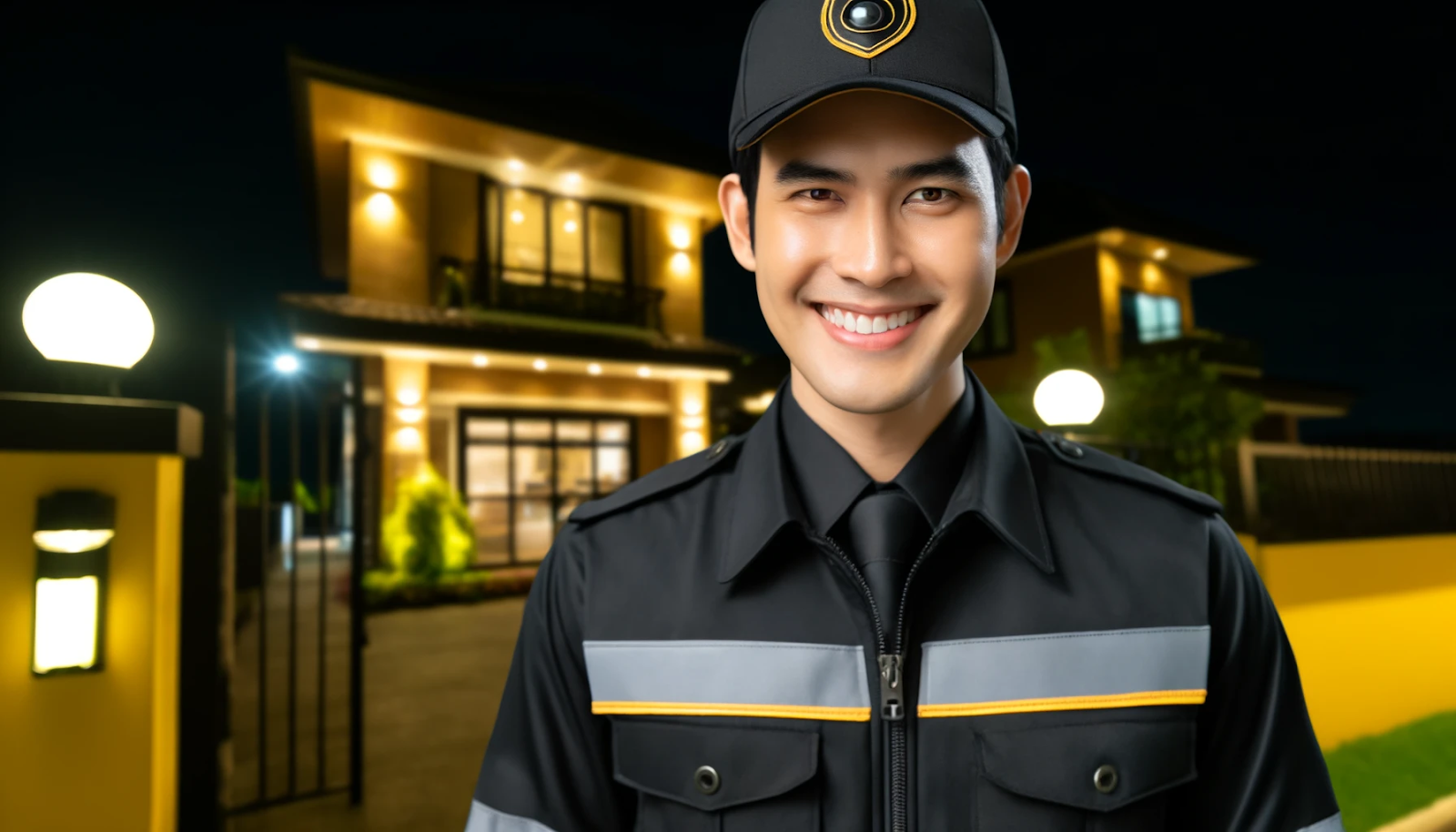Cheerful security guard on night shift patrol, promoting health and safety practices for night shift workers.