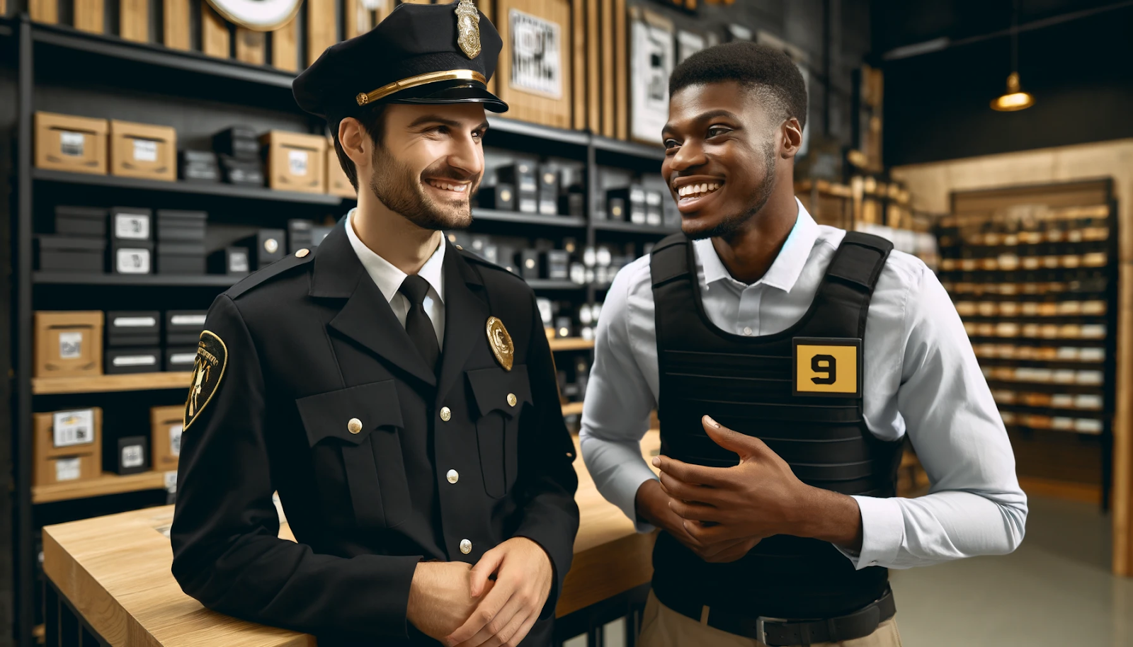 Cheerful security guard and police officer discussing retail security in a store setting, highlighting collaboration.