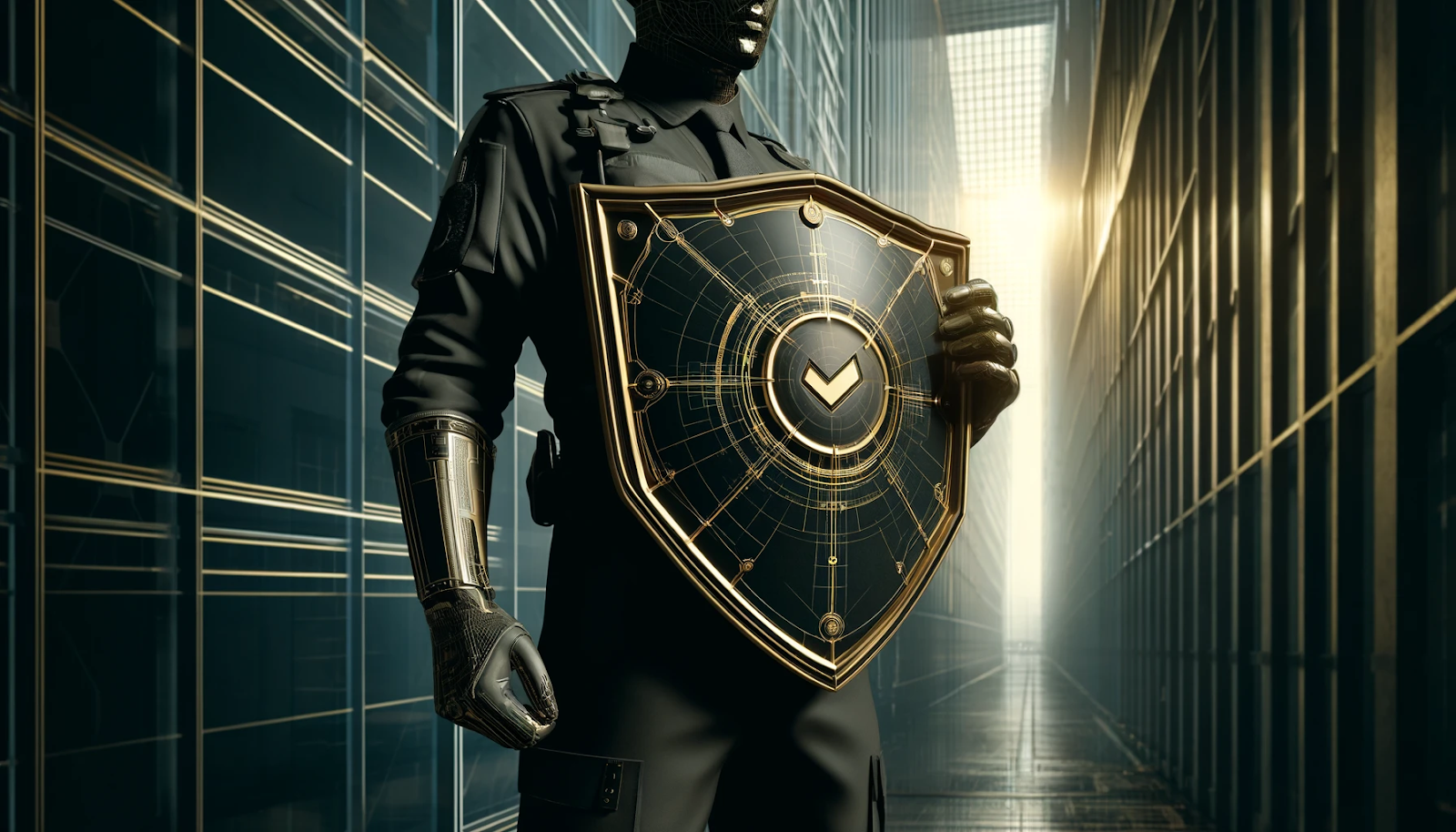 The image depicts a security guard with a vigilant stance, holding a shield, symbolizing protection and readiness. 