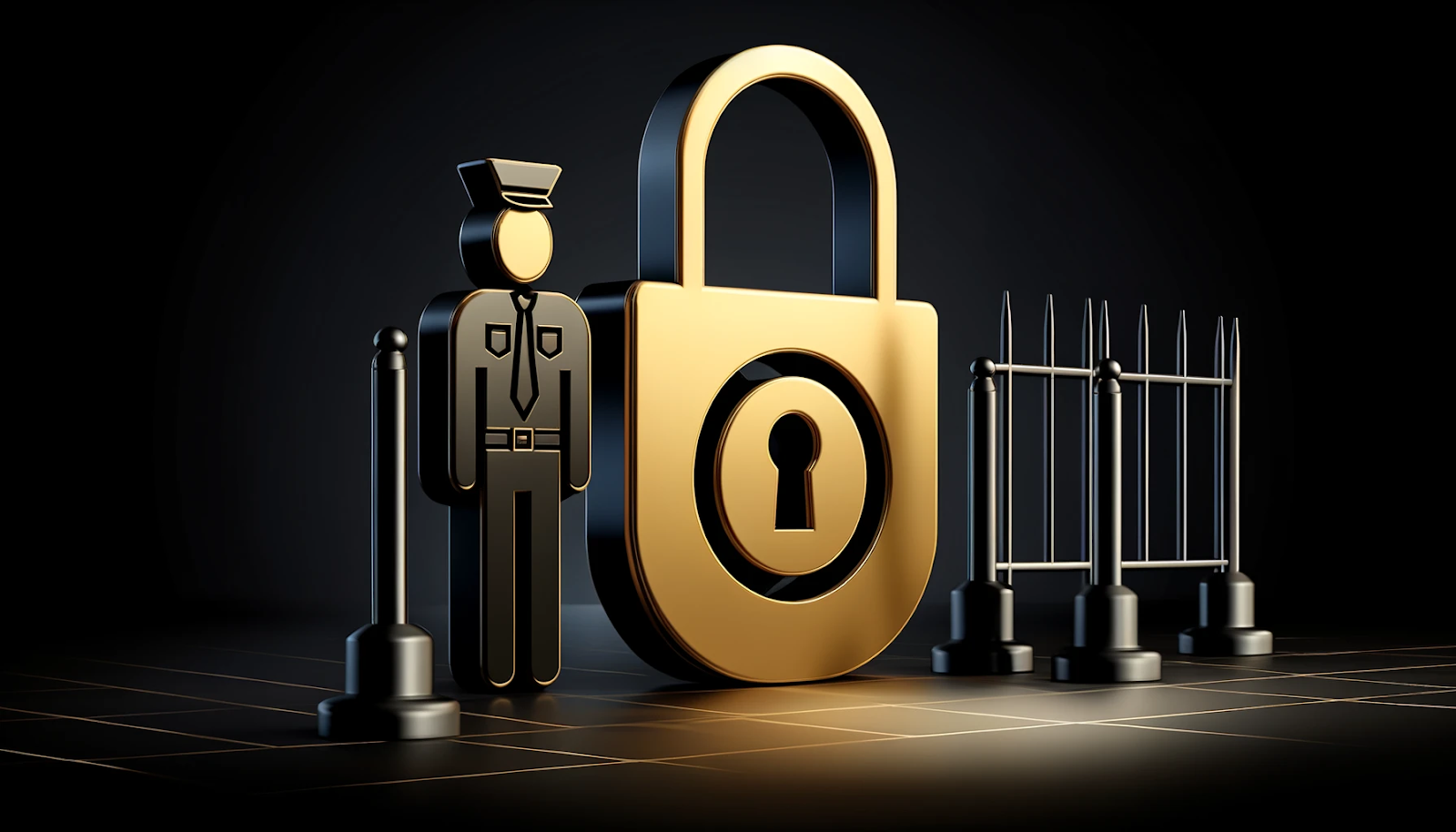 This is a symbolic representation of retail security measures featuring a gold padlock, black security barriers, and a security guard silhouette.