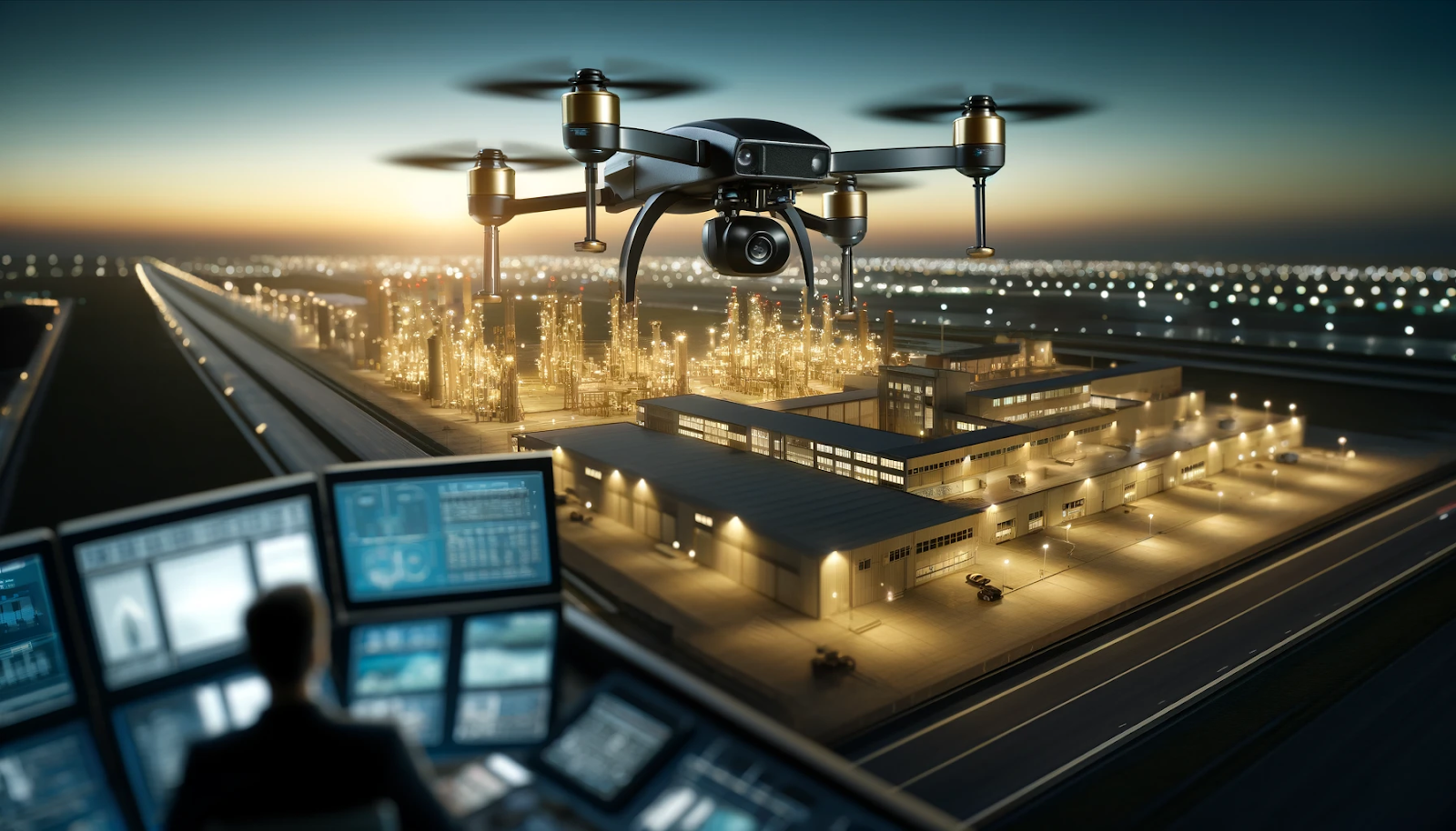 A black and gold drone equipped with high-definition cameras flying over a large industrial complex at dusk, representing modern drone technology used for enhanced security surveillance.