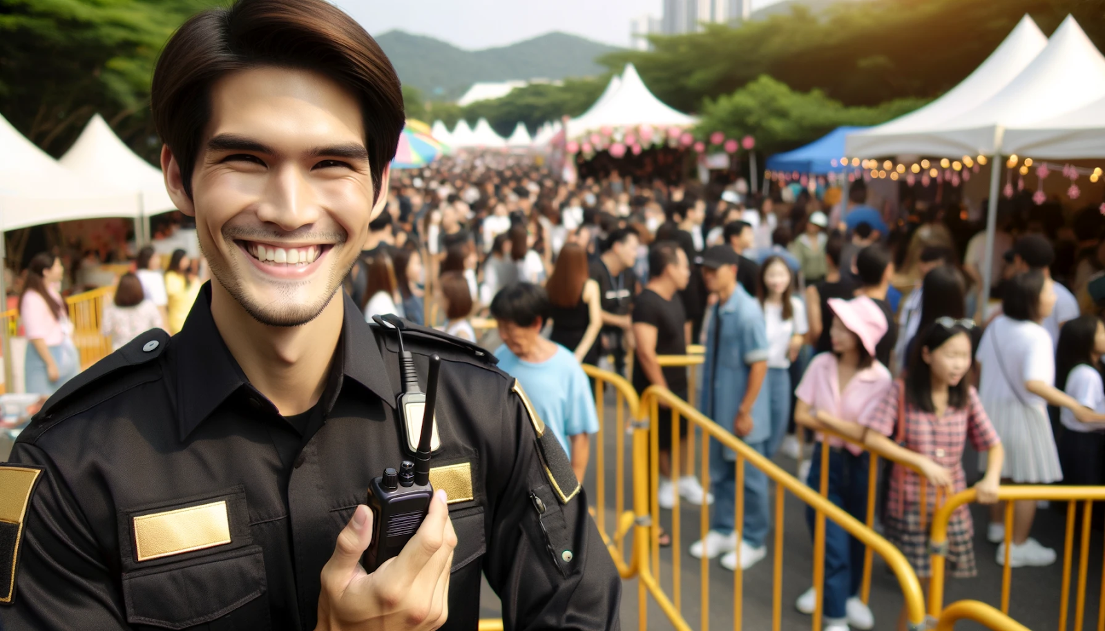 A cheerful security guard in black and gold oversees an organized outdoor event with tents and barriers, holding a walkie-talkie and managing crowd control.
