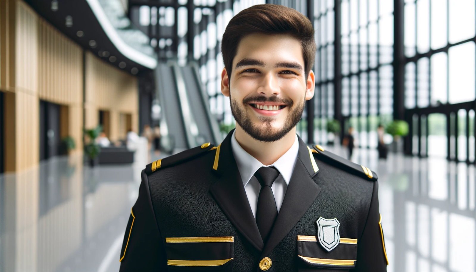 Cheerful security guard in uniform with black and gold colors, representing a safe and positive work environment.