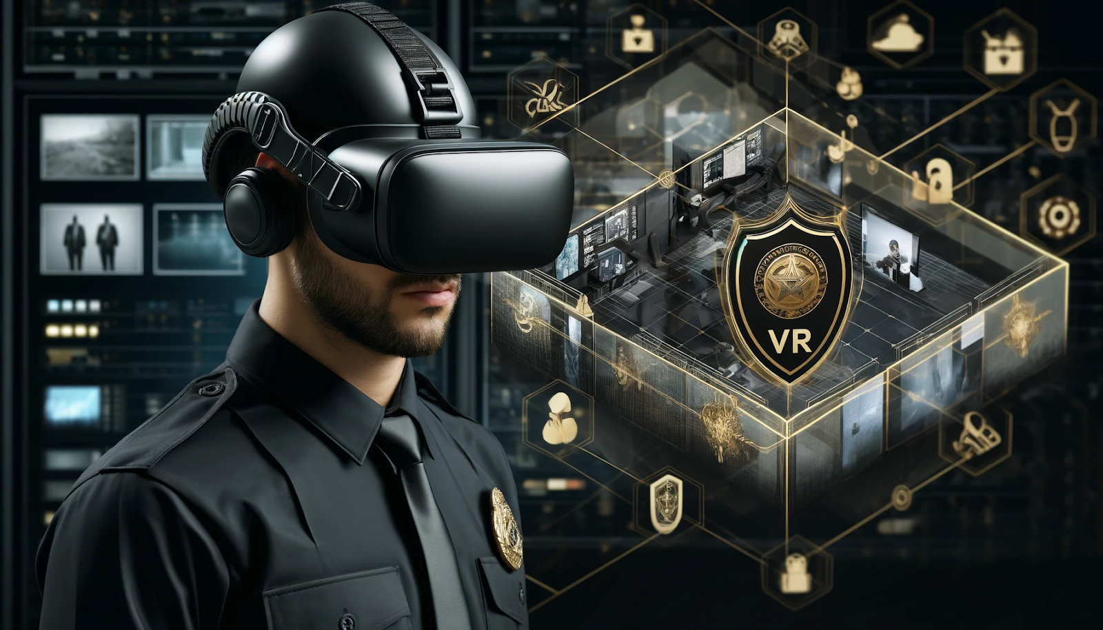 A photorealistic image depicting a security guard wearing a VR headset in a simulated environment. The colors black and gold dominate, symbolizing the advanced technology and immersive experience of virtual reality training in the security industry.
