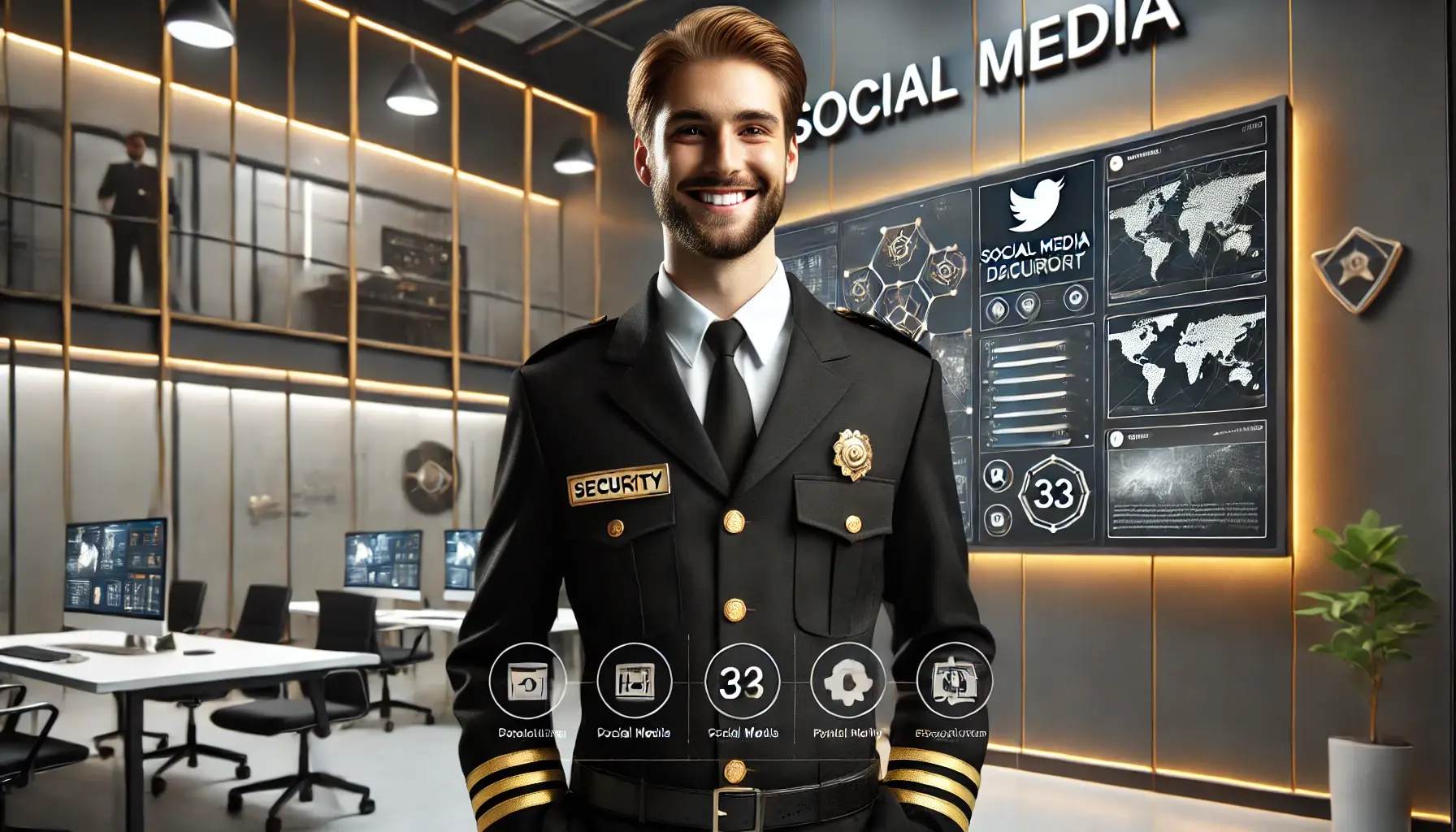 Cheerful security guard monitoring a social media dashboard in a high-tech office, emphasizing the link between online monitoring and physical security.