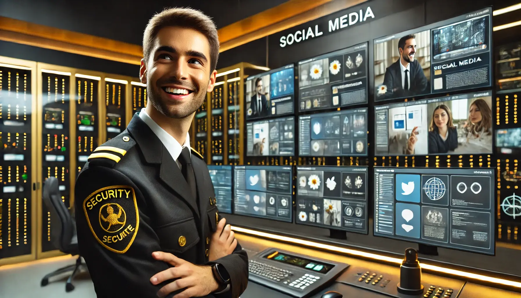 Cheerful security guard monitoring multiple social media platforms in a high-tech room, showcasing proactive threat detection and personal security measures.